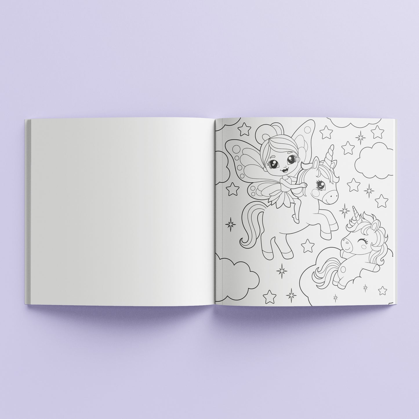 Kaleidoscope Unicorn Magic coloring book open showing fairy and unicorn line art pages