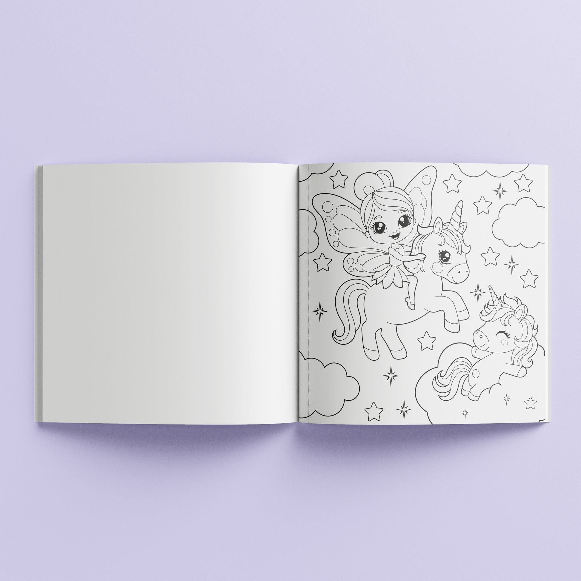 Kaleidoscope Unicorn Magic coloring book open showing fairy and unicorn line art pages