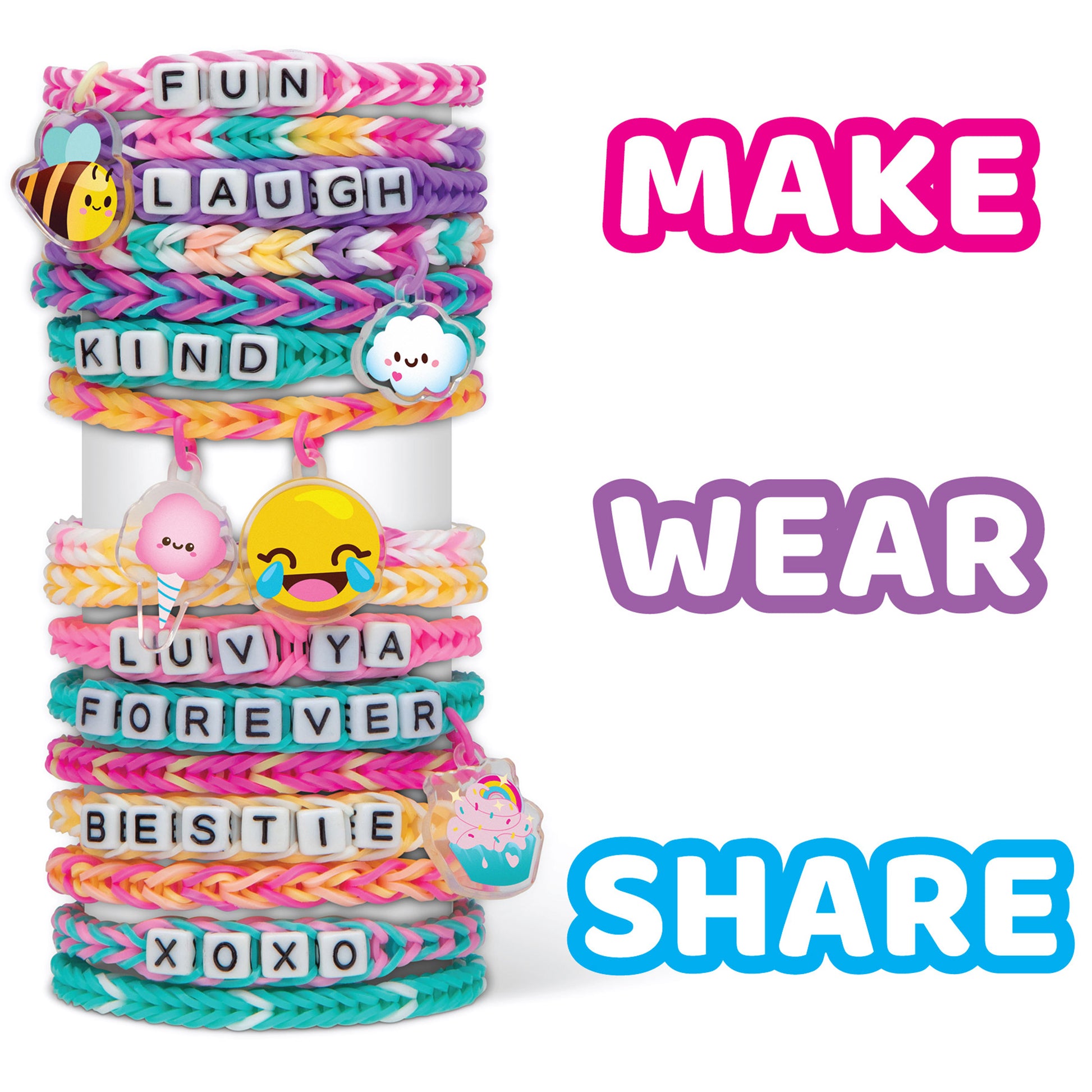 Rainbow Loom Forever Friends bracelet kit with colorful rubber bands, letter beads, and charms stacked display
