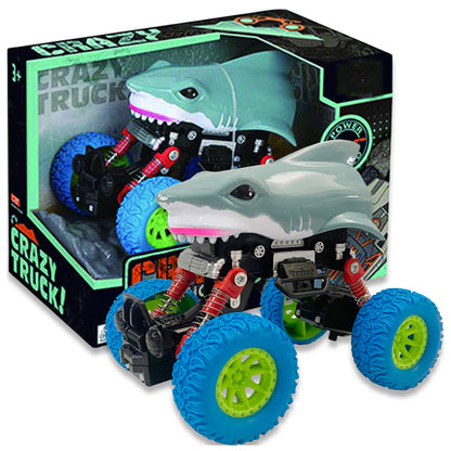 Crazy Truck Big Wheels Shark Truck friction-powered stunt vehicle with shark head design, blue and lime green textured wheels, red suspension, shown with packag
