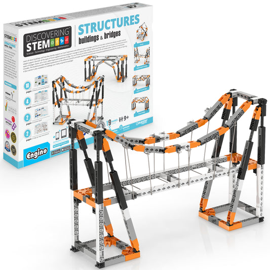 Engino Discovering STEM Structures building set with orange and black snap-fit bricks forming bridges and buildings