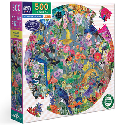 eeBoo Paradise Garden 500 piece round puzzle with colorful birds, flowers, and nature artwork