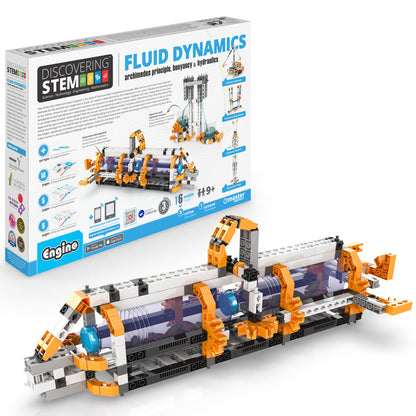 Engino Discovering STEM Fluid Dynamics building set with orange and white brick models demonstrating hydraulics