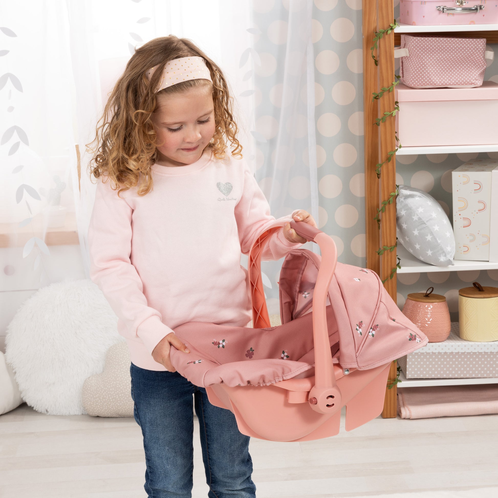 Bayer Design Deluxe Coral Pink Floral Doll Car Seat with handles