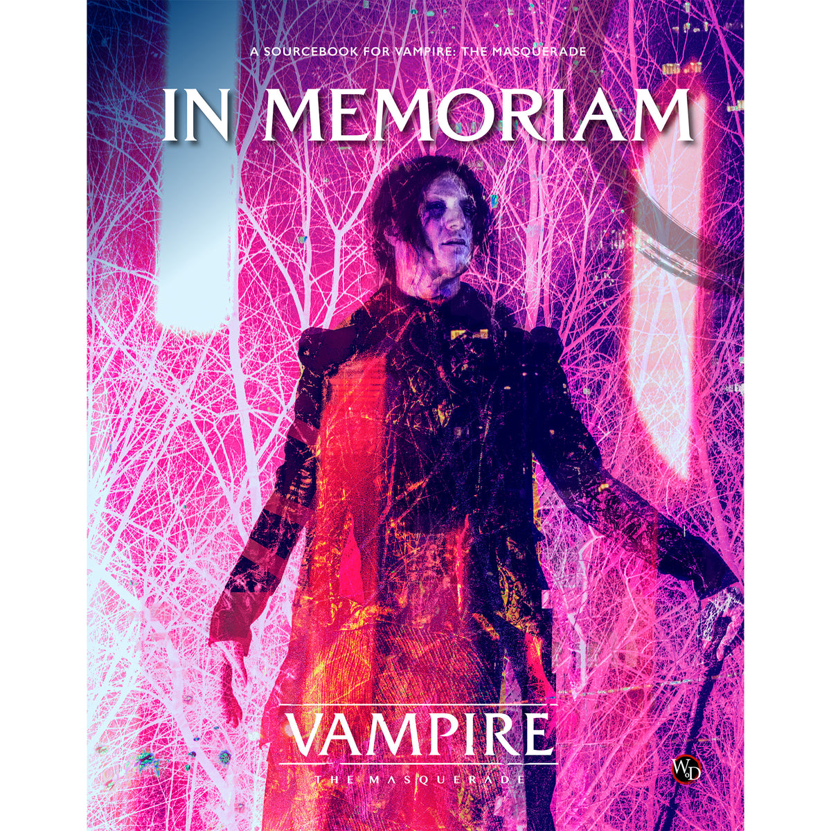 Vampire: The Masquerade In Memoriam Sourcebook cover featuring a figure in dark clothing against neon pink and blue l...