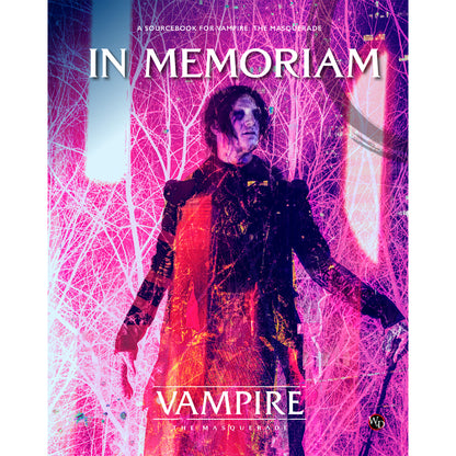 Vampire: The Masquerade In Memoriam Sourcebook cover featuring a figure in dark clothing against neon pink and blue l...