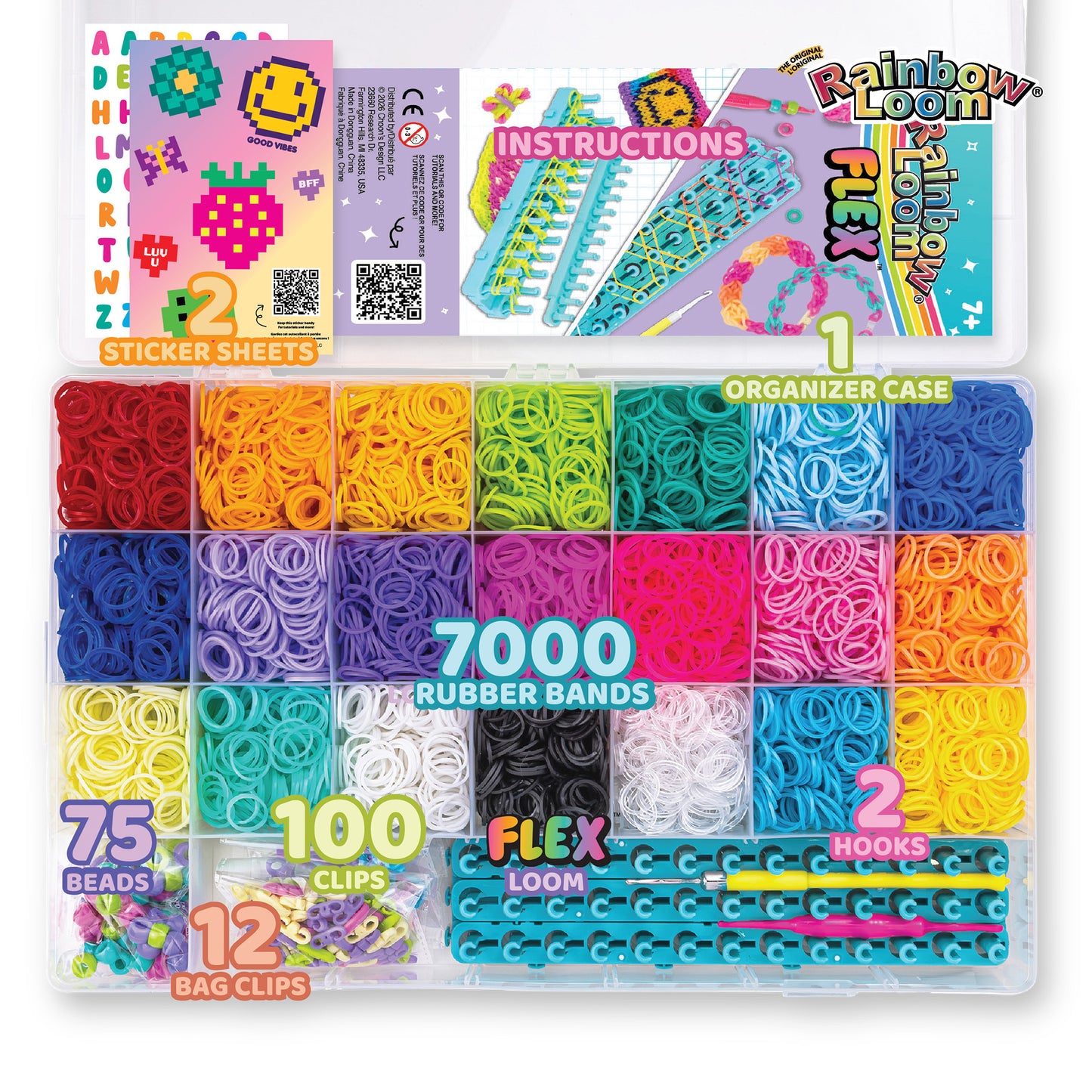 Rainbow Loom Flex Mega Combo Kit with 7,000 colorful rubber bands, clips, beads, and loom tools