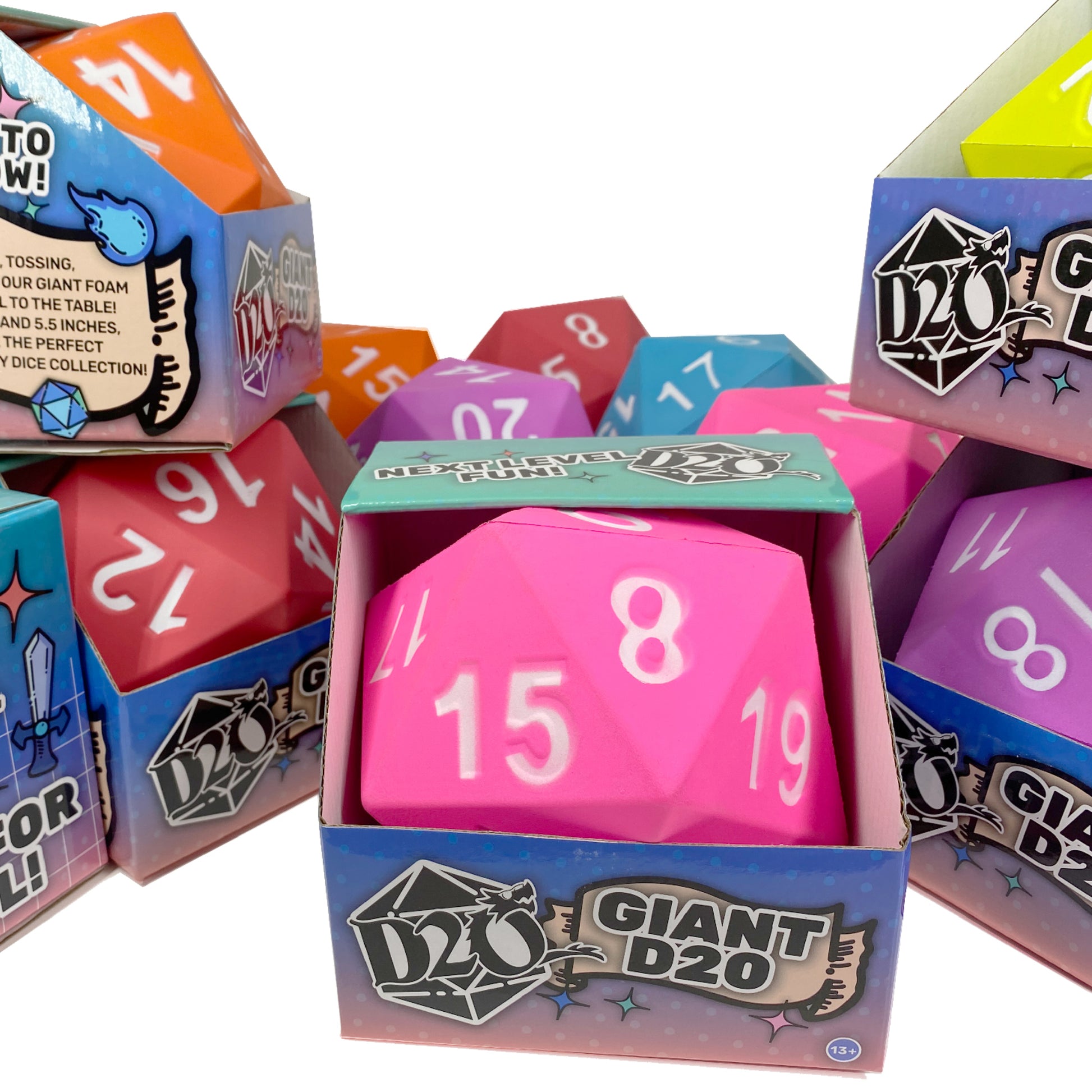 KESS Giant D20 Foam Dice in red, pink, and blue oversized 20-sided dice for tabletop RPG games