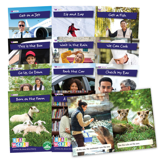 Nine book covers from Rainbow Phonics Phase 3 Non-Fiction Hi-Lo Decodables series arranged in an overlapping grid, each featuring colorful photos of people and