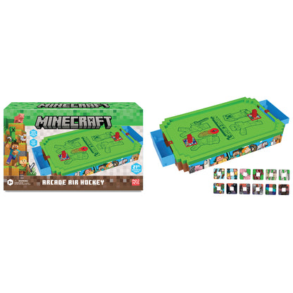 Minecraft Arcade Air Hockey game with green playing surface, blue goals, and character accessories