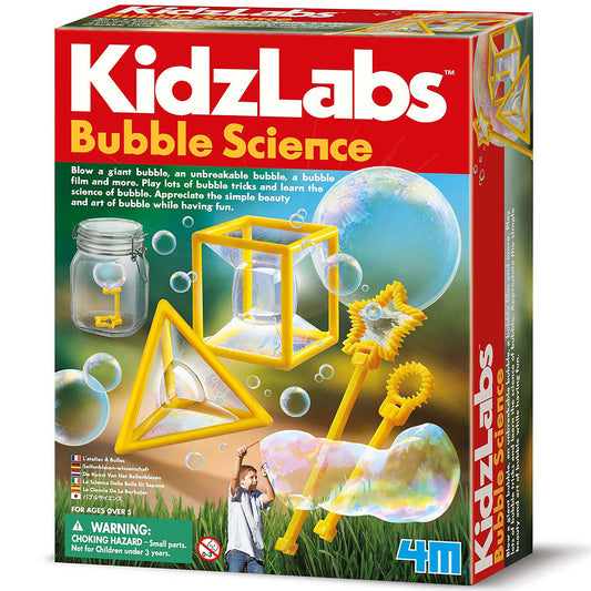 KidzLabs Bubble Science kit with yellow tools and bubble wands for kids