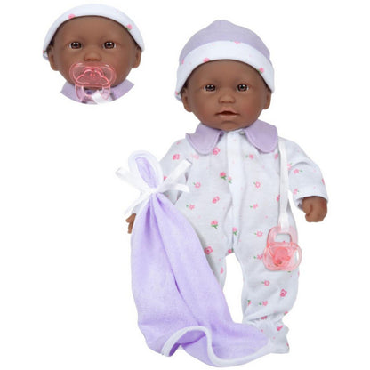 JC Toys La Baby African American doll with purple outfit, blanket and pacifier