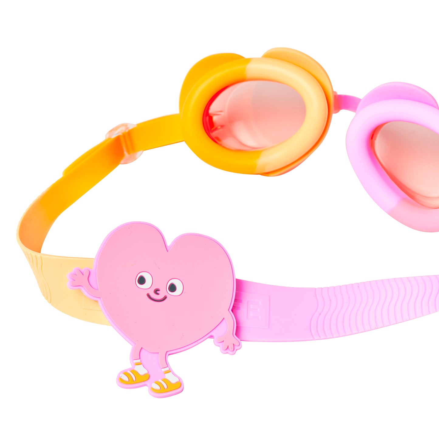 Poppy the Peach swimming goggles in pink and yellow with adjustable straps