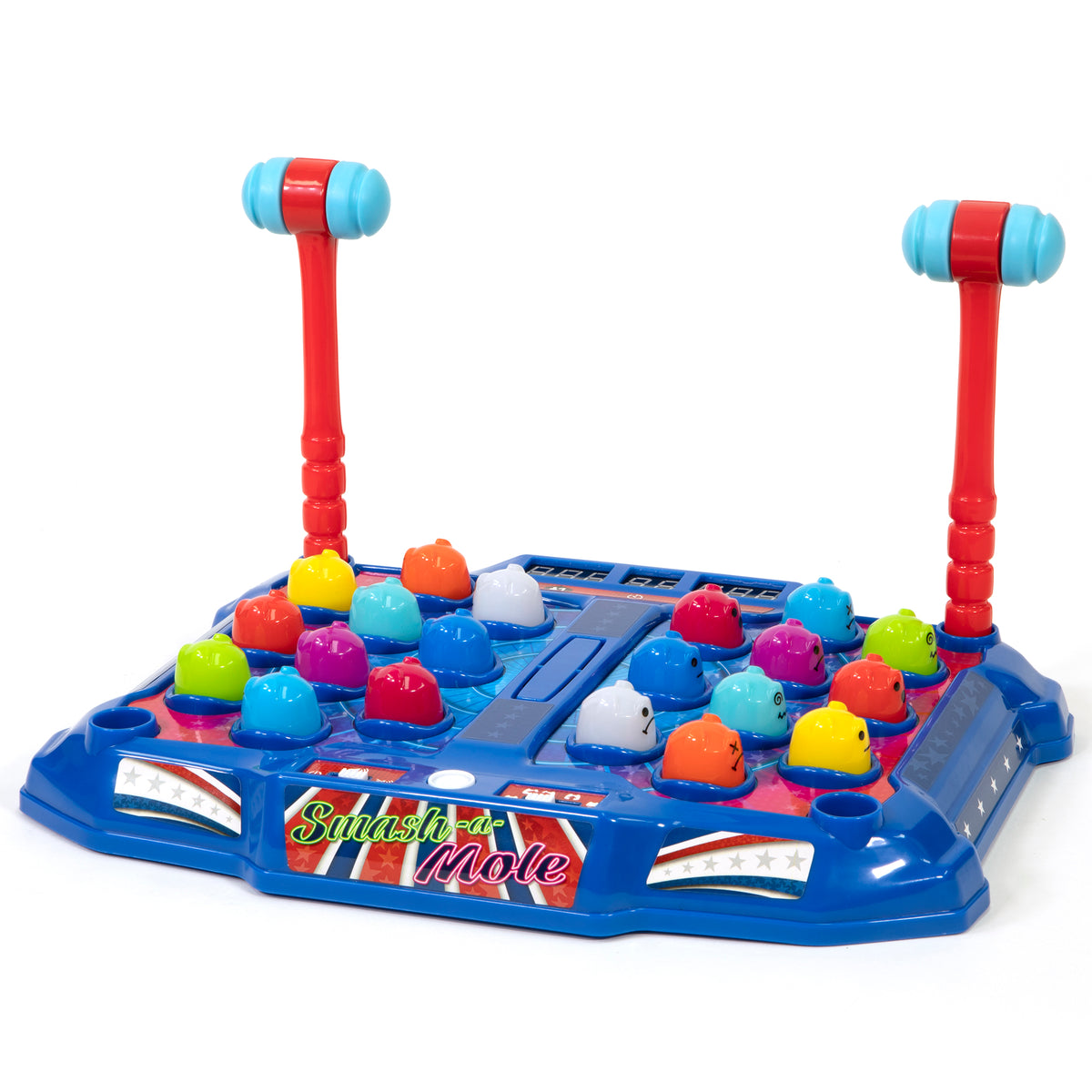 Smash-A-Mole arcade game with blue board, colorful moles, and two red mallets with blue heads