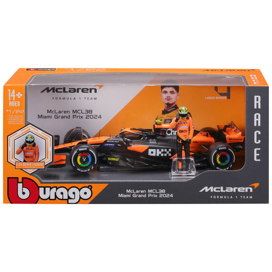 Bburago McLaren MCL38 1:24 scale die-cast race car in orange and black with included Lando Norris figure