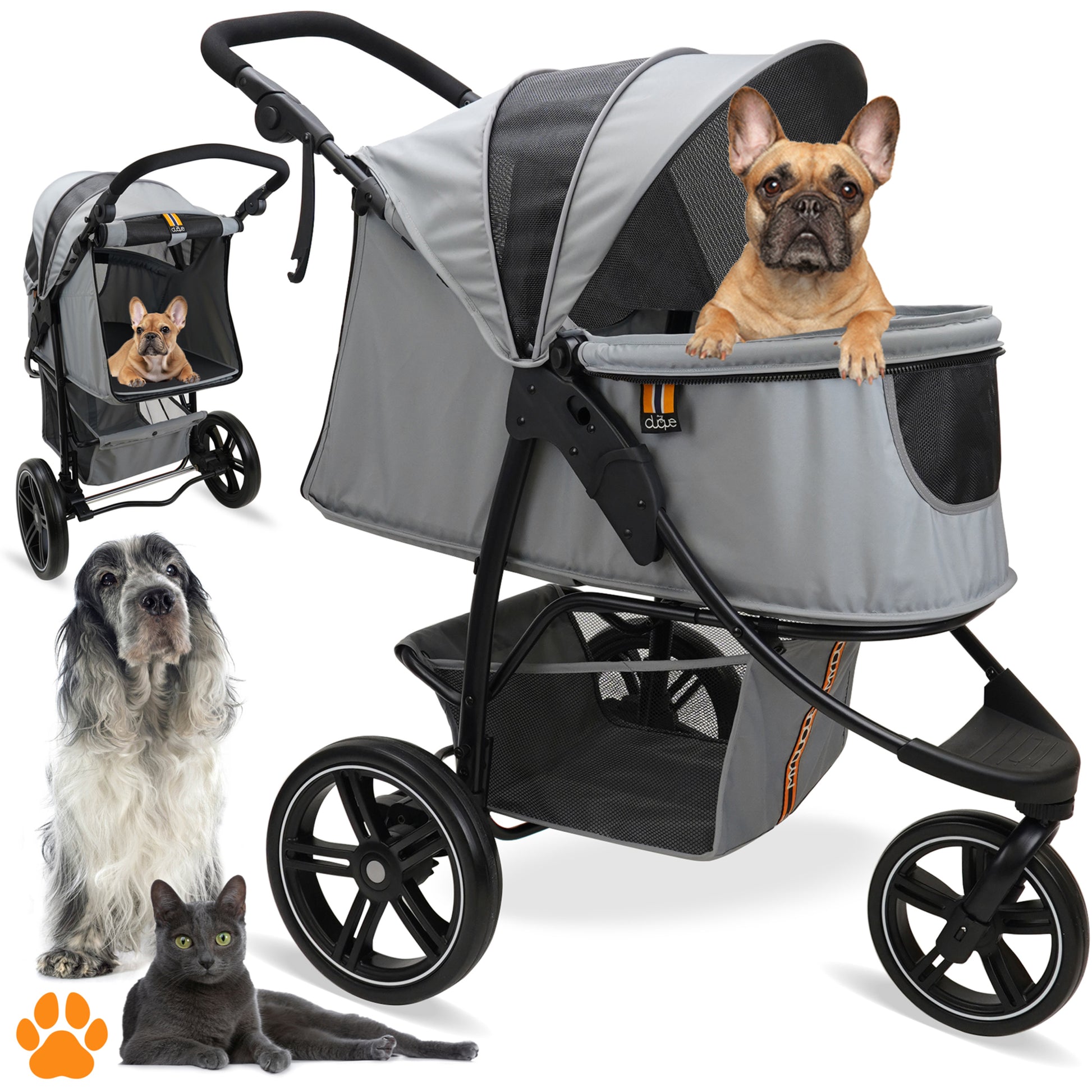 My Duque Cooper Pet 3-Wheeler Stroller in grey with dogs and cat, holds pets up to 33lbs