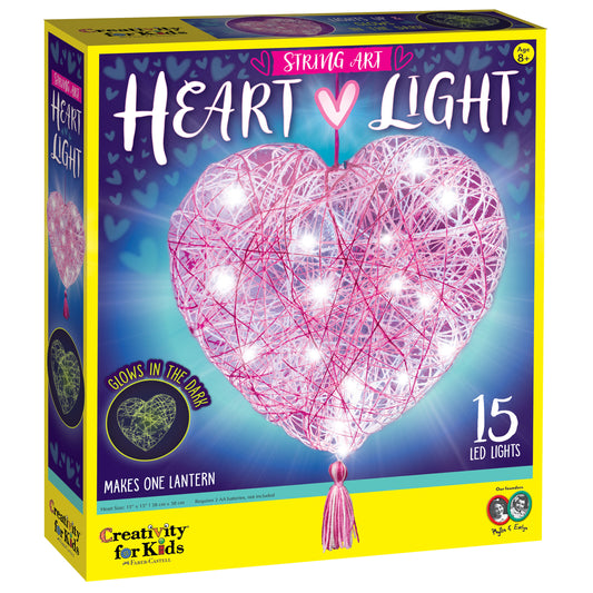 String Art Heart Light craft kit with pink illuminated heart-shaped lantern featuring 15 LED lights, includes tassel, glows in the dark