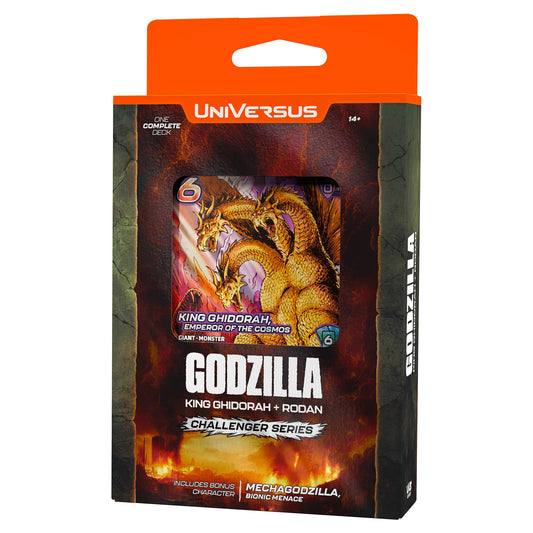UniVersus Godzilla Challenger Series card deck box featuring King Ghidorah, Emperor of the Cosmos artwork on front panel with orange header and flame background
