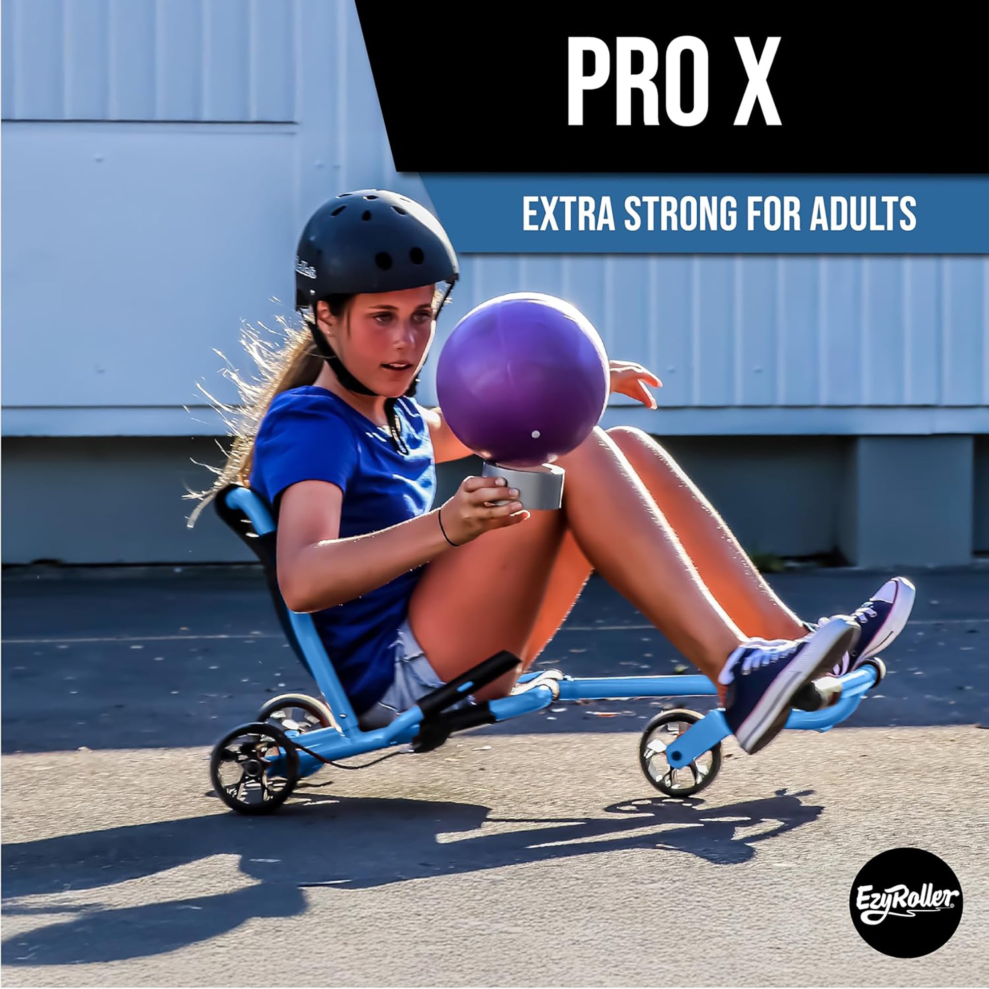 EzyRoller Pro X blue pedal-free ride-on with hand brakes and extendable frame