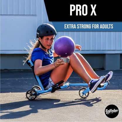 EzyRoller Pro X blue pedal-free ride-on with hand brakes and extendable frame