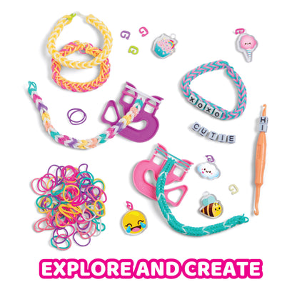 Rainbow Loom Forever Friends kit with colorful rubber bands, loom tools, charms, and beads for bracelet making