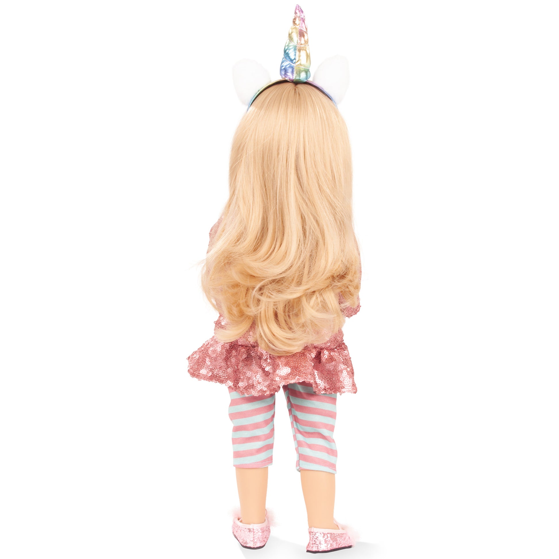 Gotz Happy Kidz Anna Unicorn 19.5 inch doll with blonde hair, pink sequin dress, striped leggings