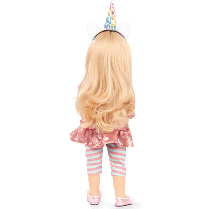 Gotz Happy Kidz Anna Unicorn 19.5 inch doll with blonde hair, pink sequin dress, striped leggings