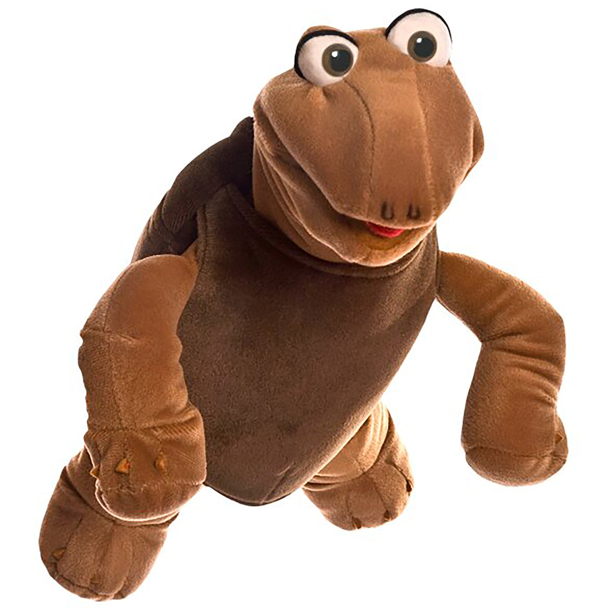 Sal The Turtle hand puppet in brown with large eyes and red mouth, shown in play position