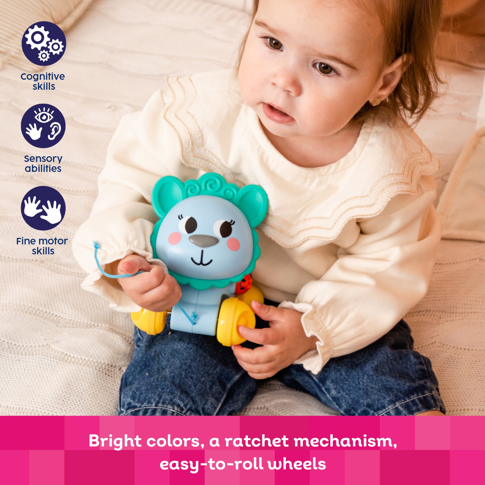 Blue Push & Pull Llama toy with bright colors, rotating head, and easy-roll wheels for toddlers