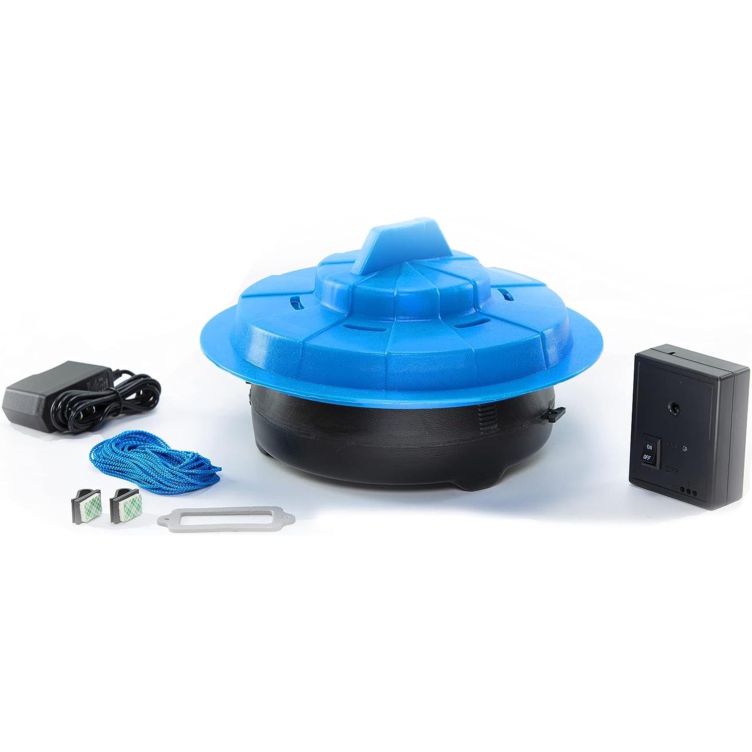 Pool Patrol Pool Alarm with blue dome, black base, wireless remote, power adapter, and rope