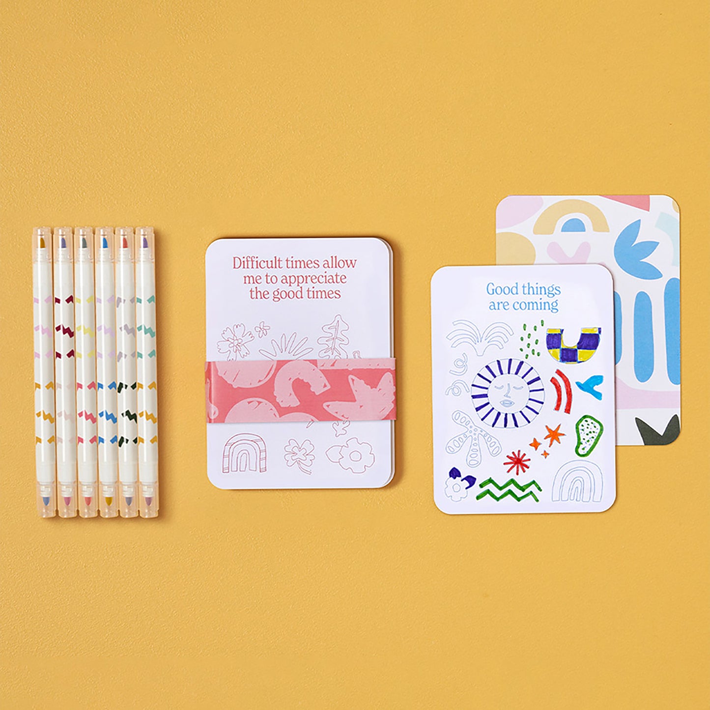 JOS Color Your Own Affirmation Cards set with markers and inspirational cards on yellow background