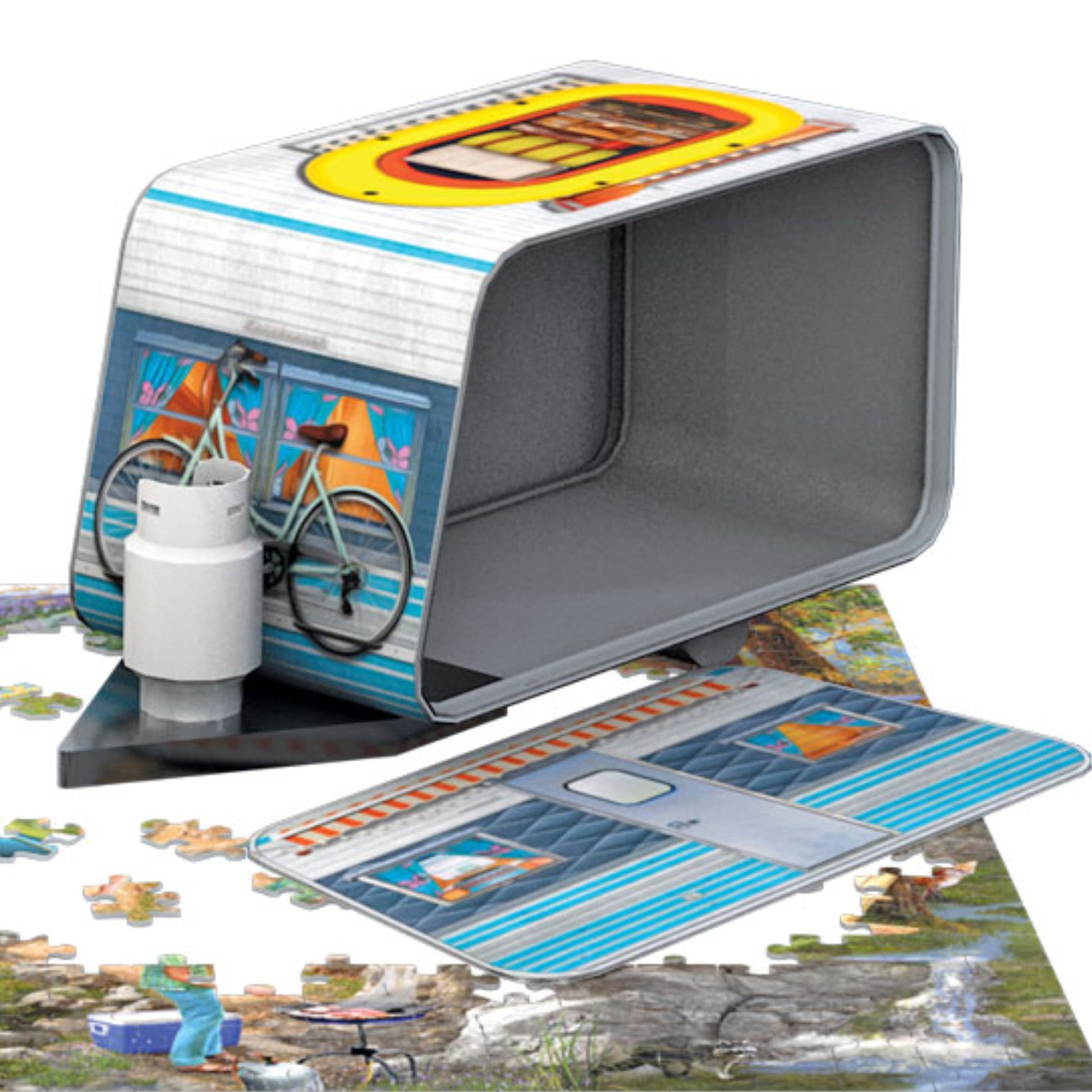Eurographics Camping Trailer 550 piece puzzle with vintage outdoor scene, tin box storage
