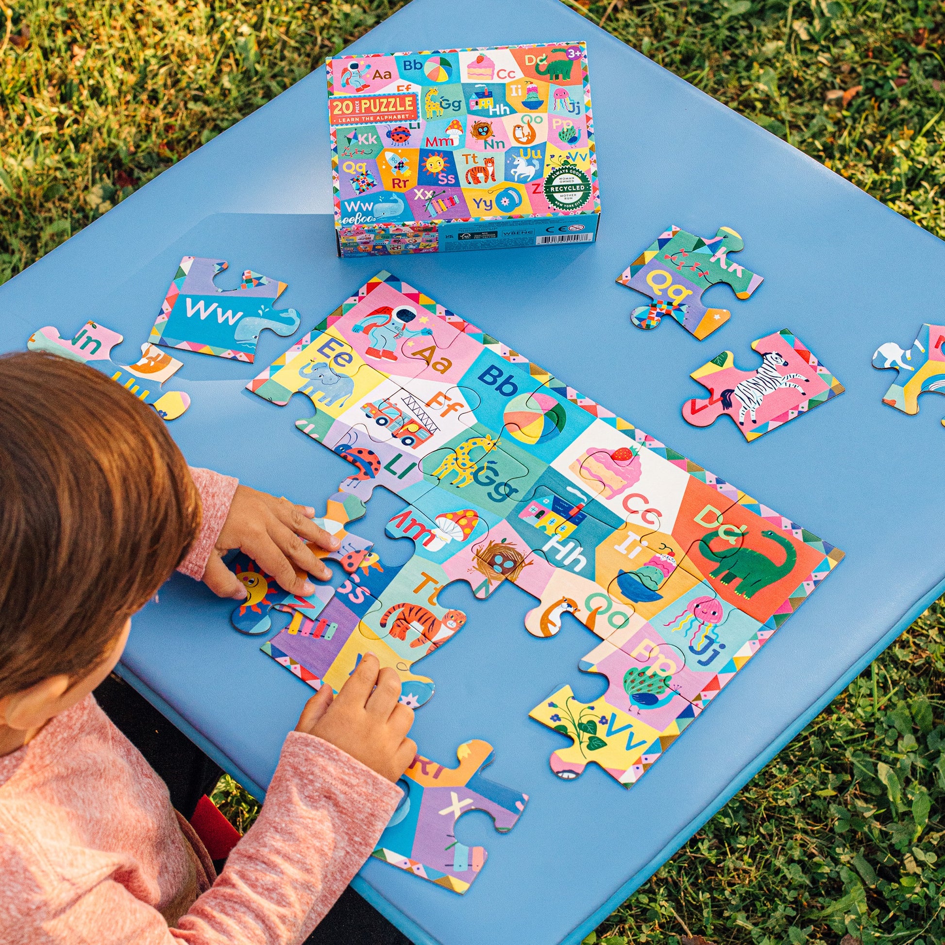 eeBoo Learn The Alphabet 20 Piece Puzzle with colorful oversized pieces featuring letters and objects for ages 3+