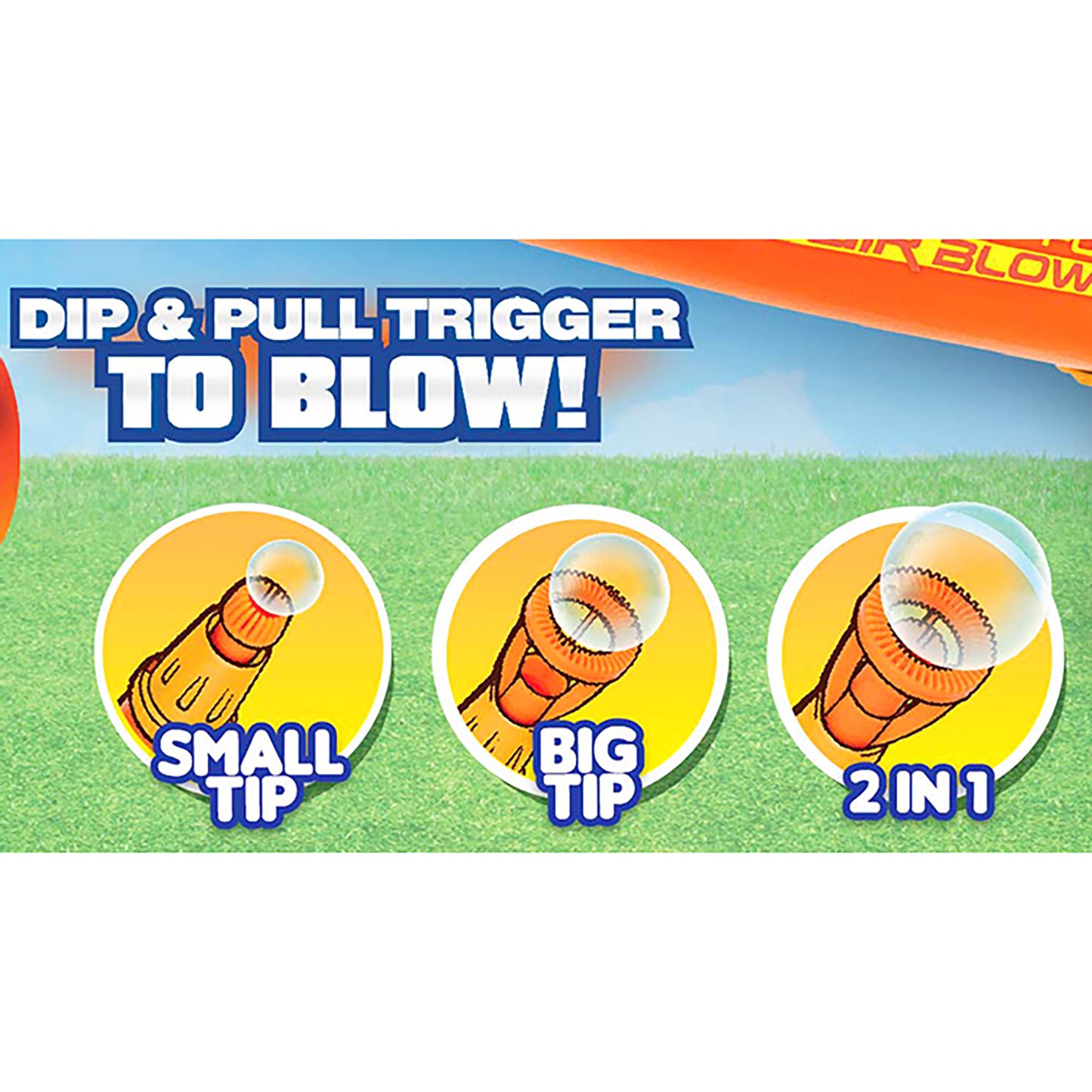 Air Bubbler toy with dip and pull trigger to blow bubbles, available in small tip, big tip, and 2-in-1 versions