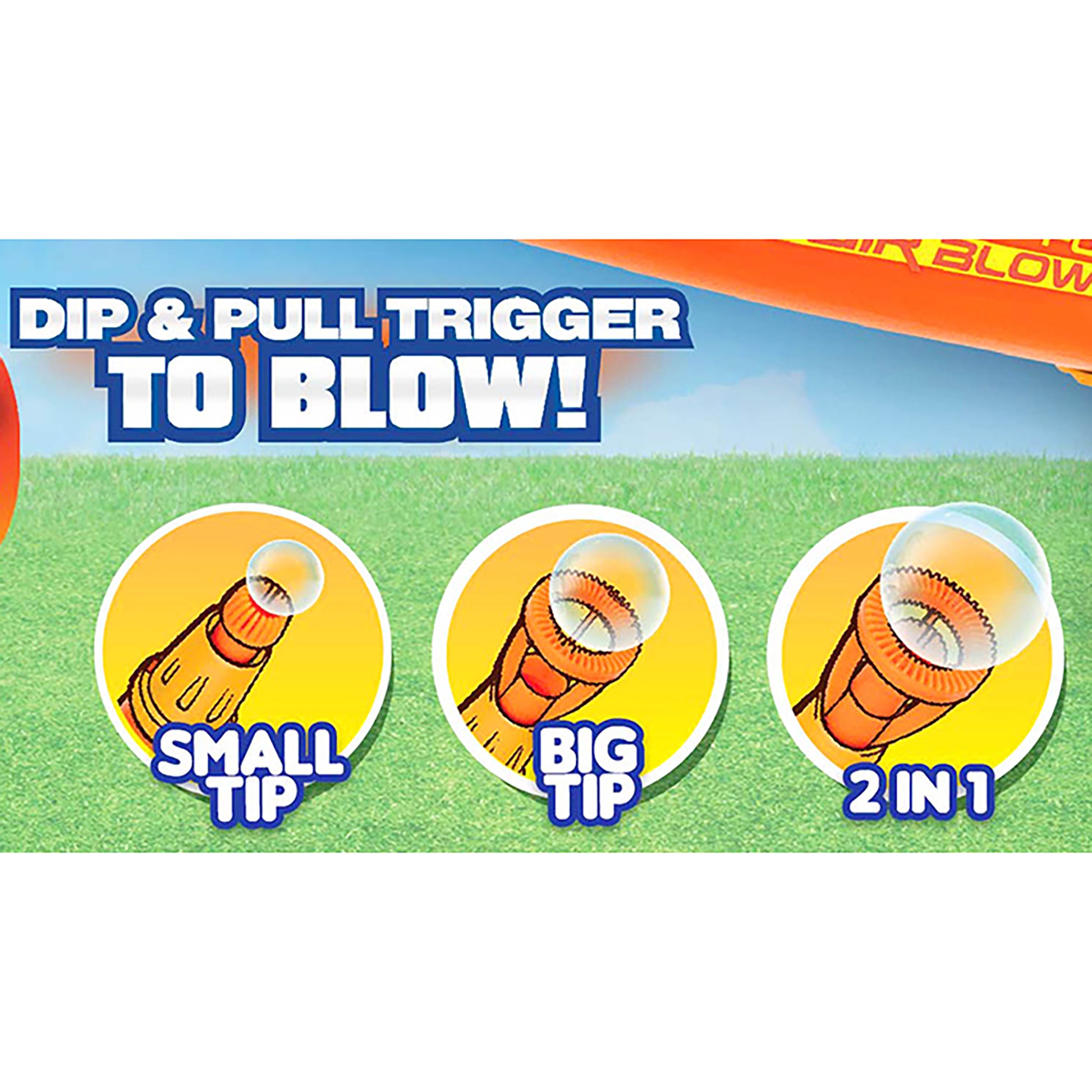 Air Bubbler toy with dip and pull trigger to blow bubbles, available in small tip, big tip, and 2-in-1 versions