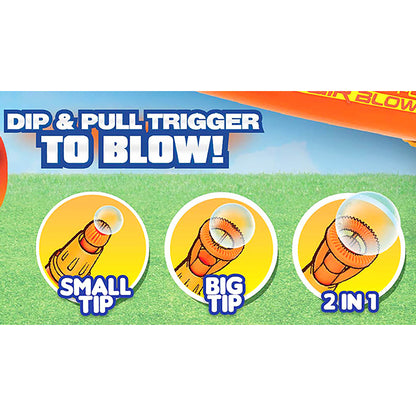Air Bubbler toy with dip and pull trigger to blow bubbles, available in small tip, big tip, and 2-in-1 versions