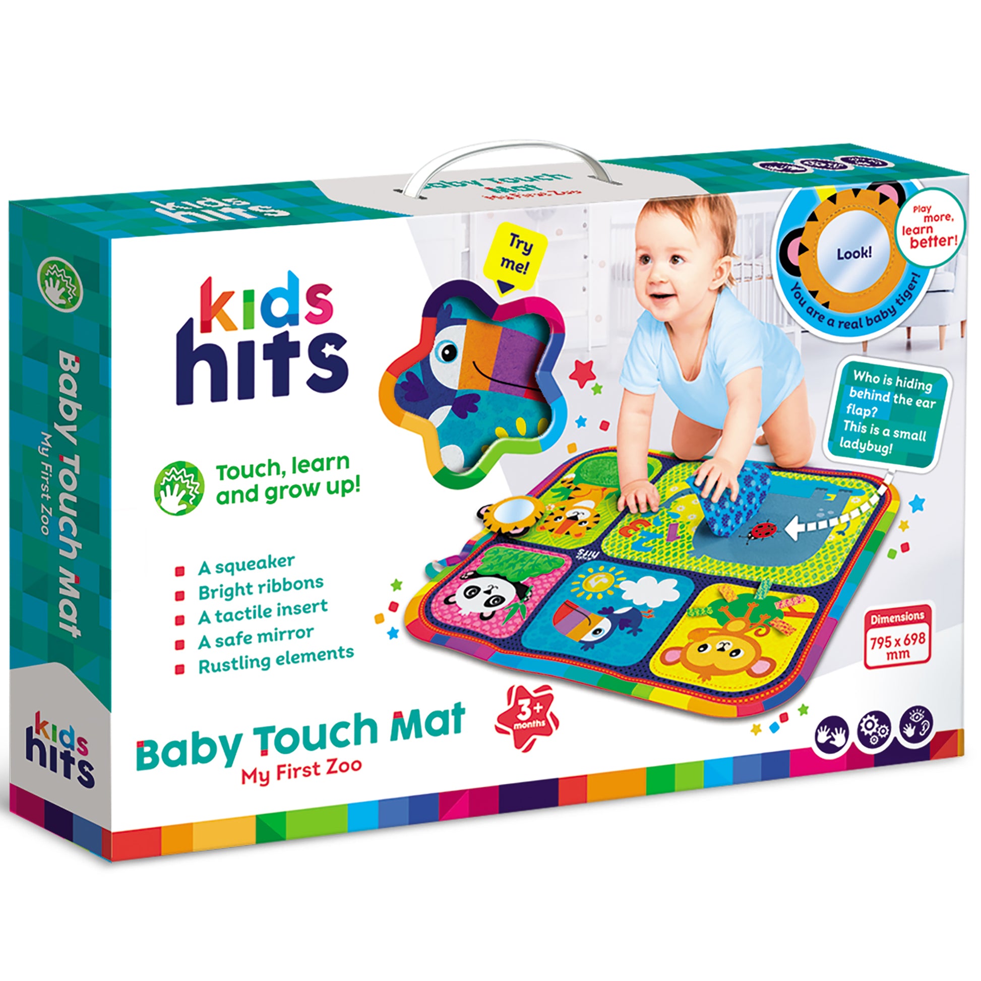 Kids Hits Baby Touch Mat My First Zoo colorful sensory play mat with mirror, ribbons, and squeaker