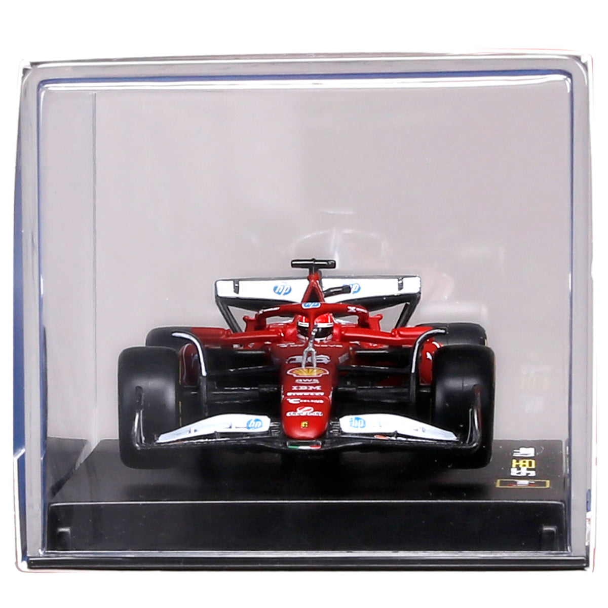 Bburago 1:43 Ferrari SF-25 red race car with white and blue HP sponsorship details in acrylic display case
