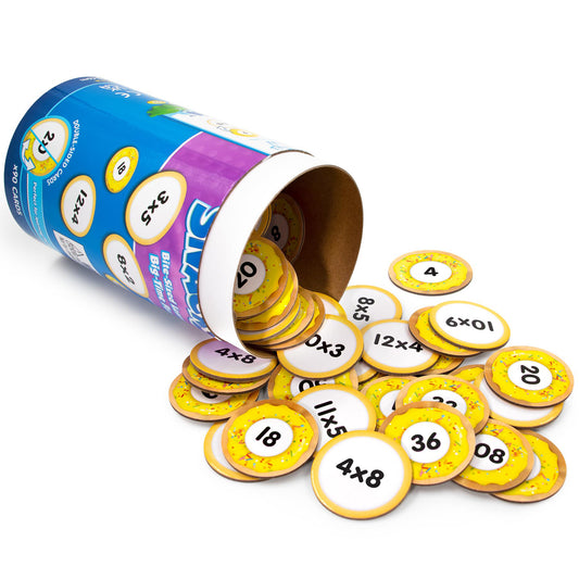 Snacks: Multiplication educational toy with colorful yellow and blue container spilling math problem cookies