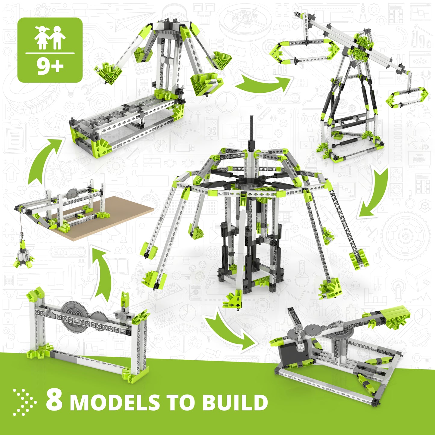 Engino STEM Amusement Park building set with 8 motorized models in green and gray