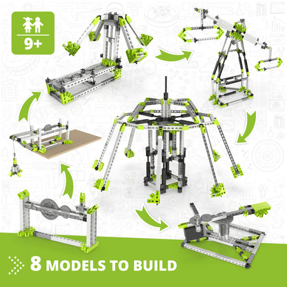 Engino STEM Amusement Park building set with 8 motorized models in green and gray