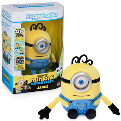 Puppetronics James Minion toy with yellow body, blue overalls, black gloves, and large blue eye