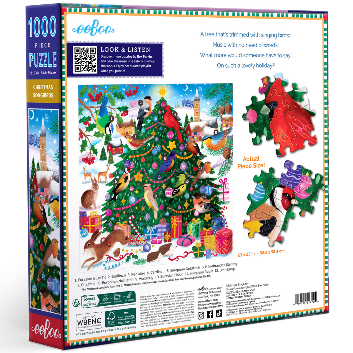 eeBoo Christmas Songbirds 1000-piece jigsaw puzzle featuring colorful songbirds on a decorated Christmas tree with gi...