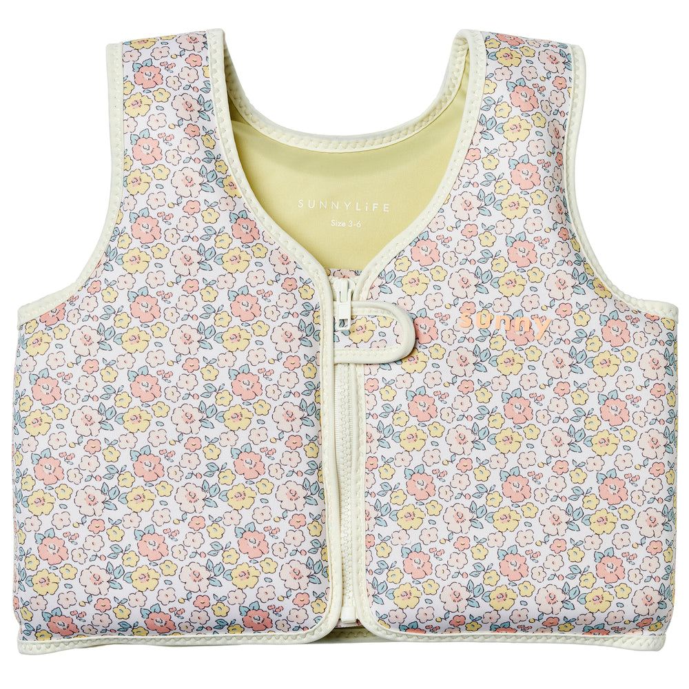 SunnyLife Float Vest 3-6 Into the Garden Ditsy Floral with pastel pink, yellow, and blue flowers