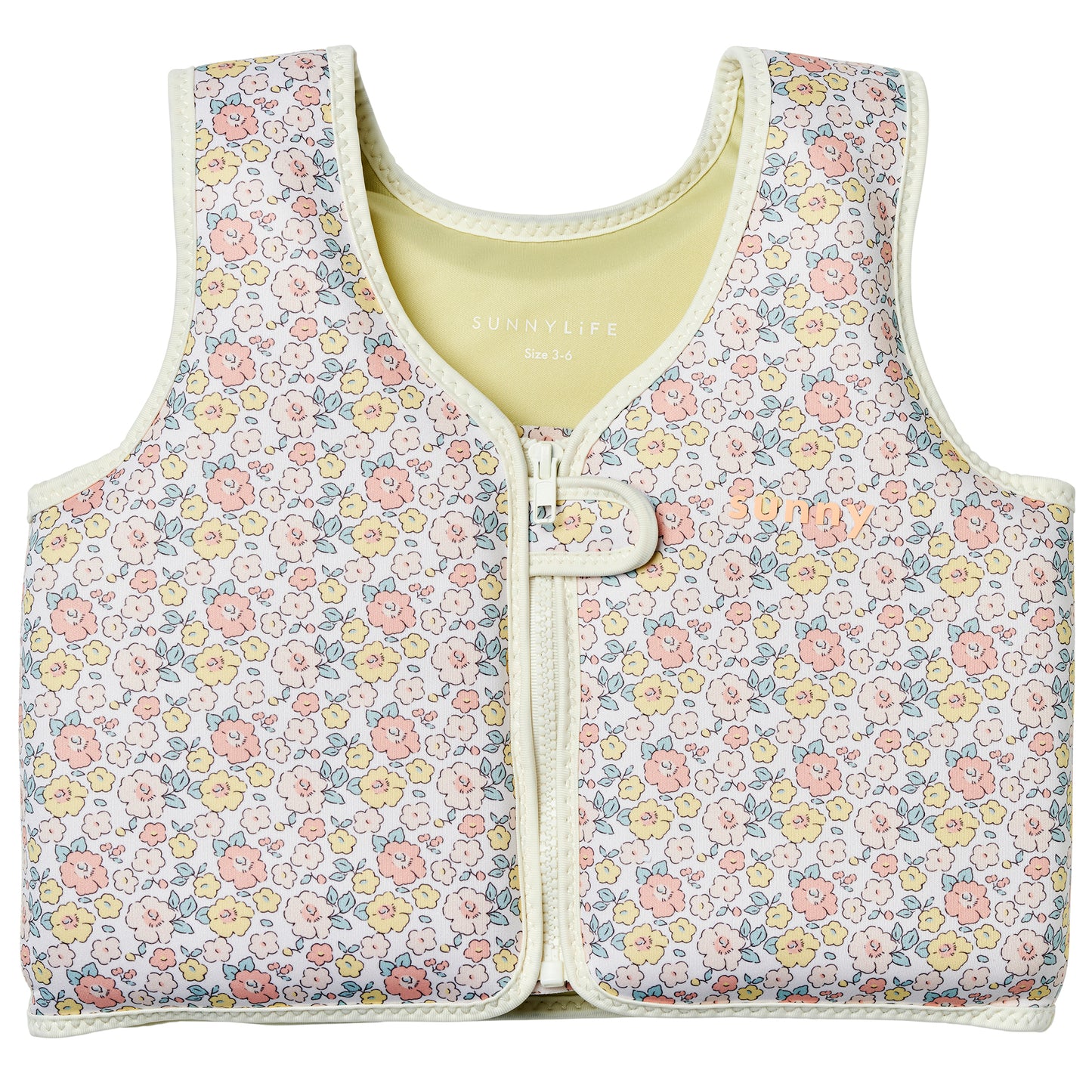 SunnyLife Float Vest 3-6 Into the Garden Ditsy Floral with pastel pink, yellow, and blue flowers