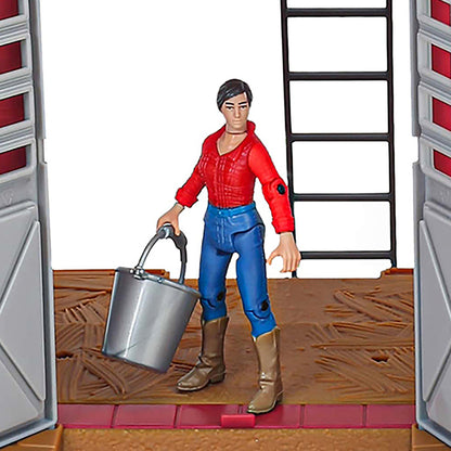Dairy Barn Playset 38pc with farmer figure in red shirt holding silver bucket