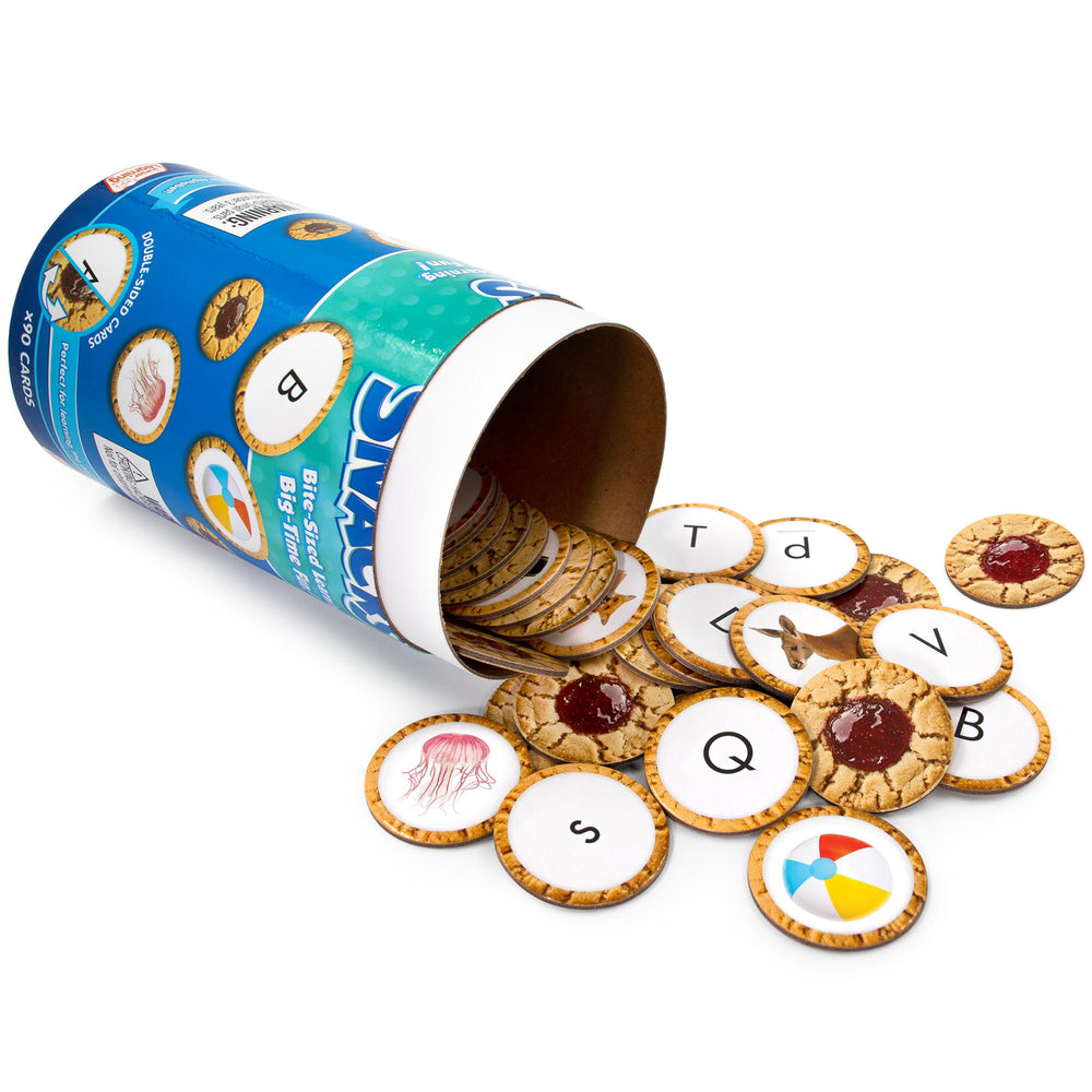 Snacks Alphabet learning toy with letter cookies spilling from blue container
