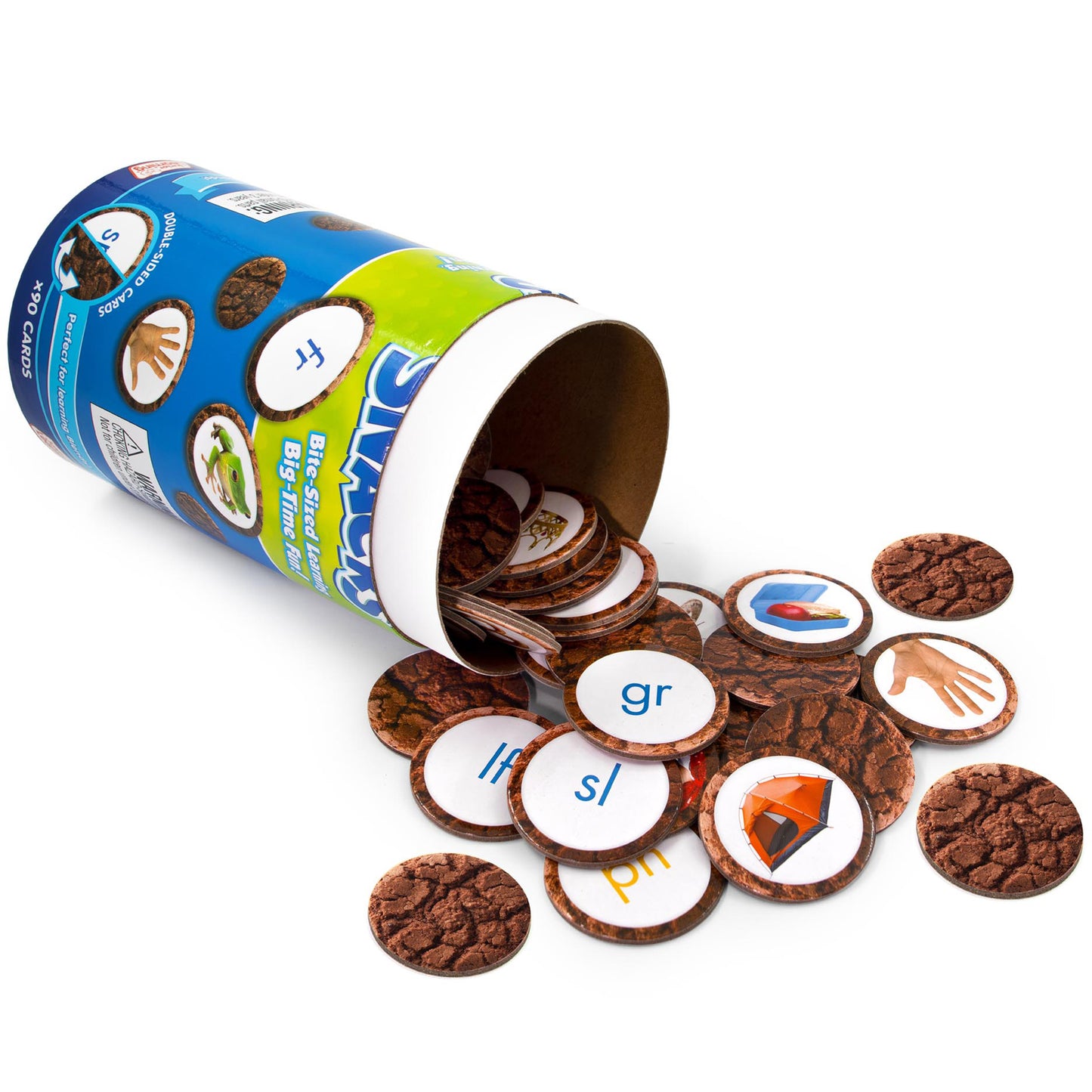 Snacks Blend educational toy with chocolate cookie-shaped pieces and learning cards spilling from blue and green cont...