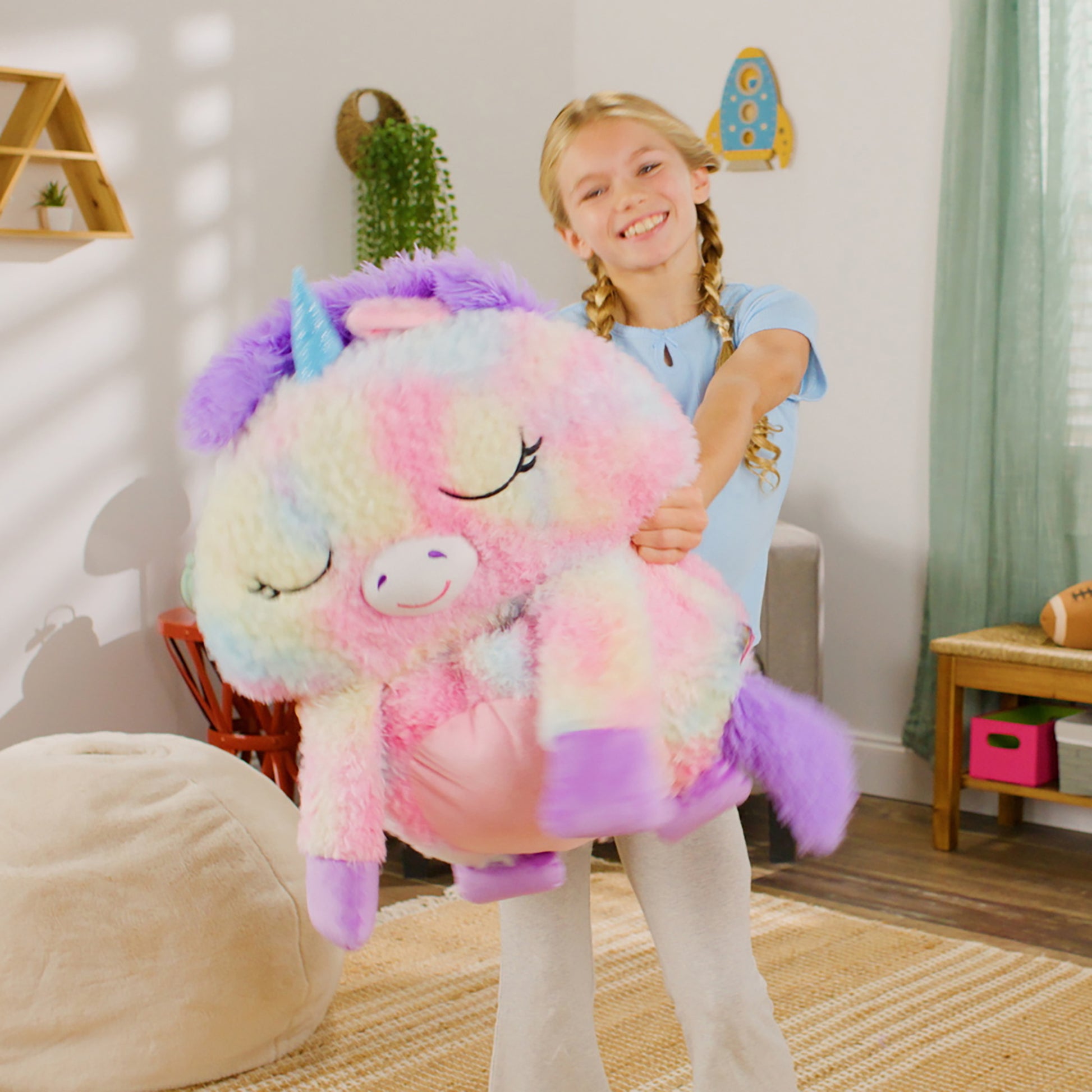 Happy Nappers Rainbow Unicorn Large Pillow & Sleepy Sack, pastel pink, purple, blue plush toy
