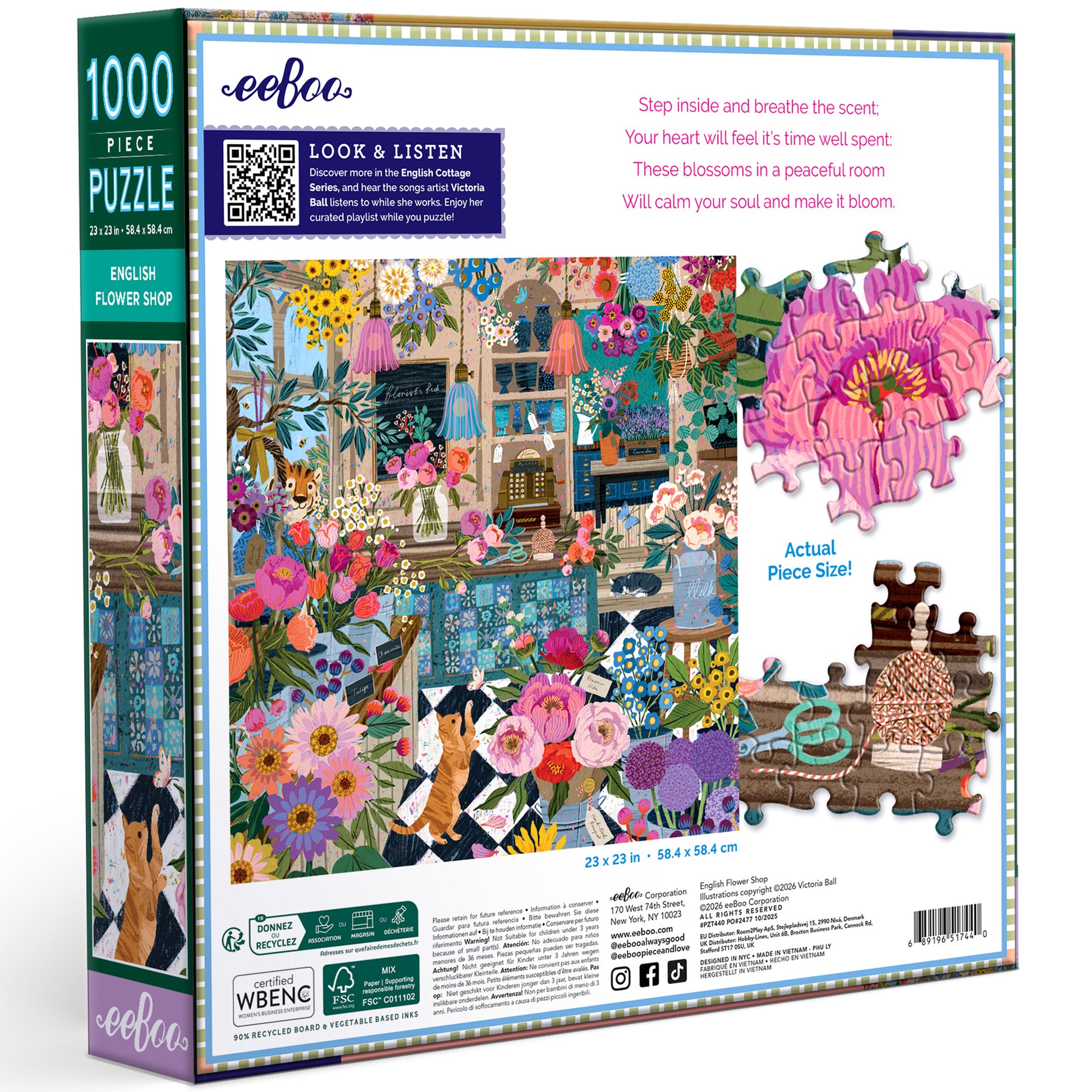 eeBoo English Flower Shop 1000 Piece Jigsaw Puzzle with colorful floral design and completed sample pieces shown